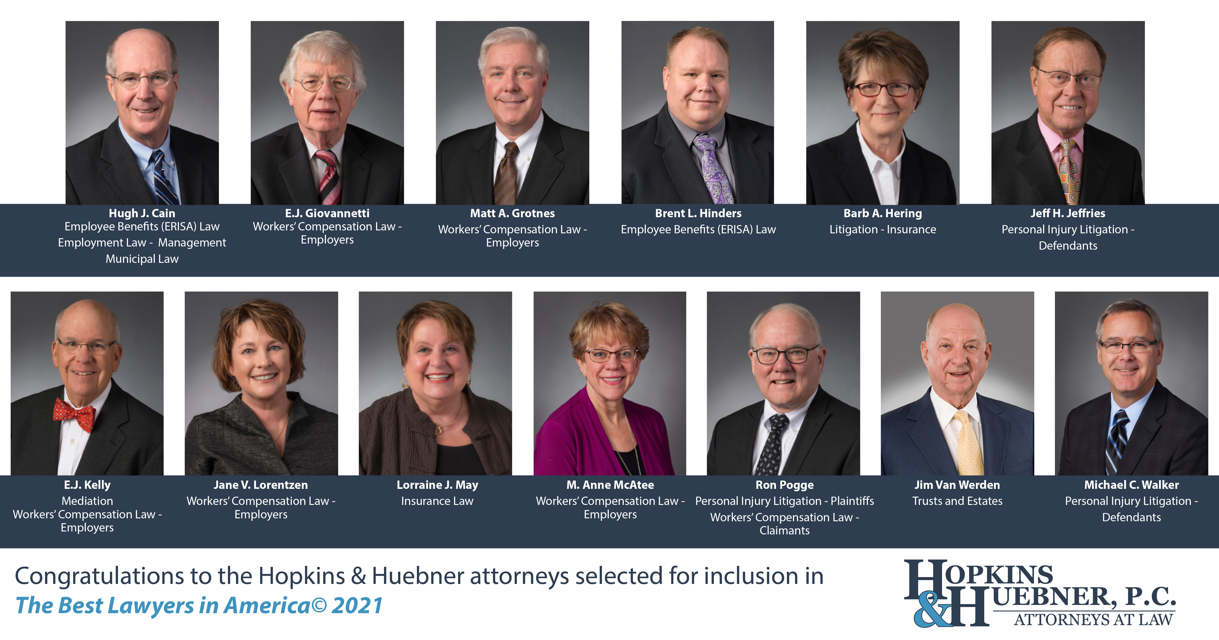 Thirteen Hopkins & Huebner attorneys were selected for inclusion in The Best Lawyers in America 2021